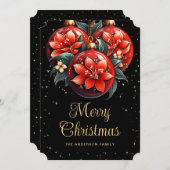 Modern Black Red Floral Ornaments Christmas Card シーズンカード (正面/裏面)