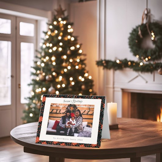 Modern Black & Red Poinsettia Photo Christmas Card シーズンカード