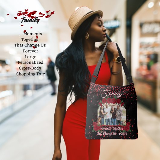 Modern Black Red Roses Family Photo Quote Floral クロスボディバッグ