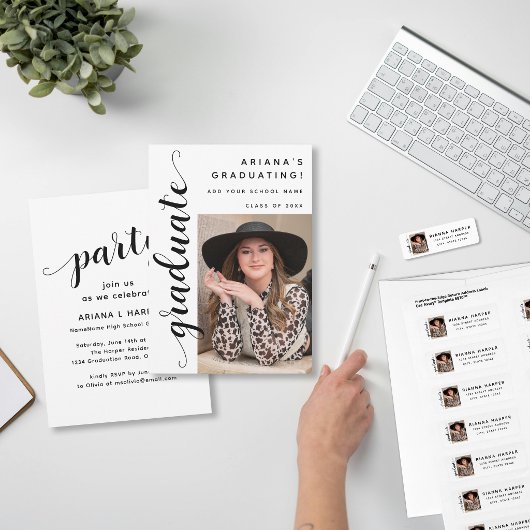 Modern Black Script Photo Graduation Invitation 案内状