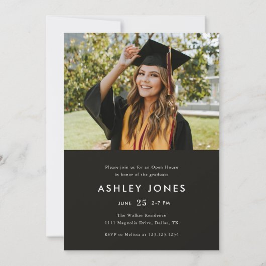 Modern Black She Did It Photo Graduation 招待状 (裏面)