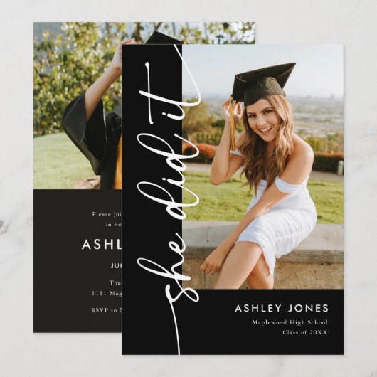 Modern Black She Did It Photo Graduation 招待状 (正面/裏面)