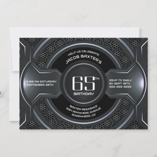 Modern Black Silver 65th Birthday Party 招待状 (正面)