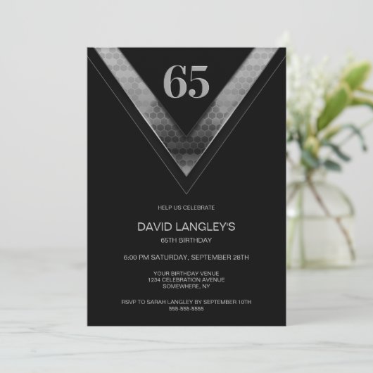 Modern Black Silver 65th Birthday Party 招待状 (スタンド正面)