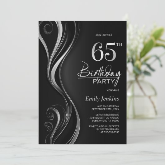 Modern Black Silver 65th Birthday Party 招待状 (スタンド正面)