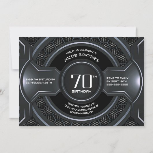 Modern Black Silver 70th Birthday Party 招待状 (正面)