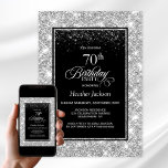 Modern Black Silver 70th Birthday Party 招待状<br><div class="desc">招待状お友達や愛する人にスタイリッシュこの銀額黒70th birthday party invitationで招待。この招待テンプレートのカスタマイズ可能な文字領域を使用すると、日付、時刻、会場、RSVP情報など、特別な誕生祝いに必要なすべての詳細を簡単に含めることができます。さまざまな紙タイプとコーナースタイルがユニーク招待状で利用でき、デジタル形式を好んでダウンロードすもしるオプションも用意されている。</div>