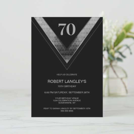 Modern Black Silver 70th Birthday Party 招待状 (スタンド正面)