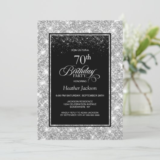 Modern Black Silver 70th Birthday Party 招待状 (スタンド正面)