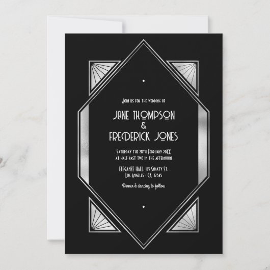 Modern Black & Silver Gatsby Art Deco Wedding 招待状 (正面)