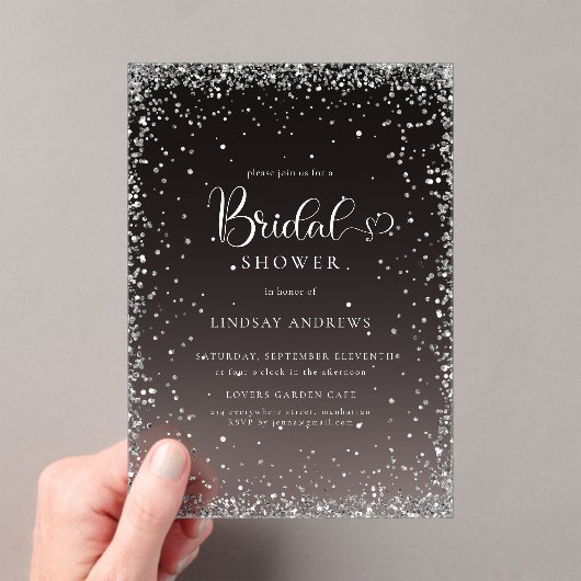Modern Black Silver Glitter Bridal Shower  アクリル招待状 (インサイチュ (ポータブル))