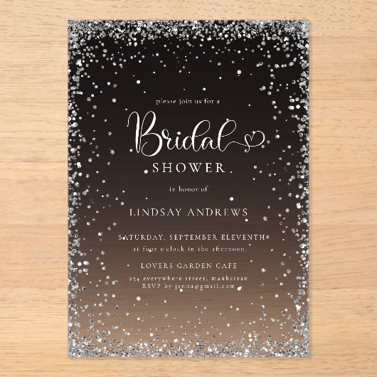 Modern Black Silver Glitter Bridal Shower  アクリル招待状 (正面)