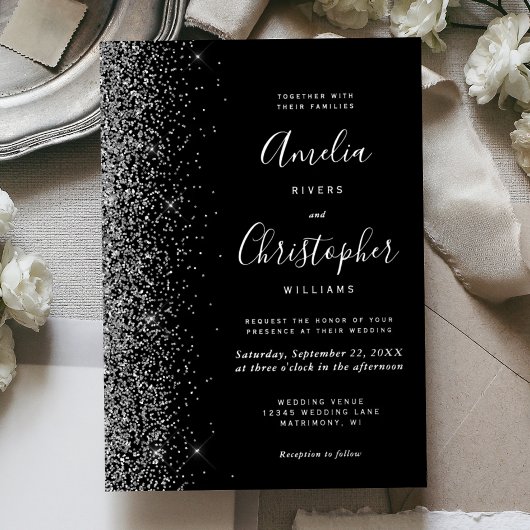 Modern Black Silver Glitter Edge Wedding 箔招待状