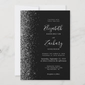 Modern Black Silver Glitter Photo QR Code Wedding 招待状 (正面)