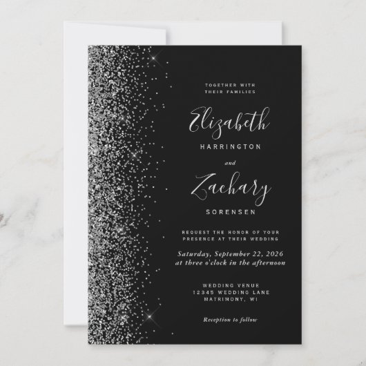 Modern Black Silver Glitter Photo QR Code Wedding 招待状 (正面)