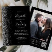Modern Black Silver Glitter Photo QR Code Wedding 招待状