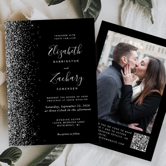 Modern Black Silver Glitter Photo QR Code Wedding 招待状