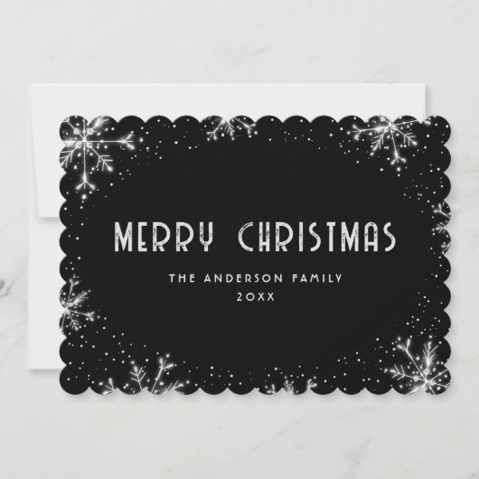 Modern Black Silver Snowflake Snow Christmas Card シーズンカード (正面)