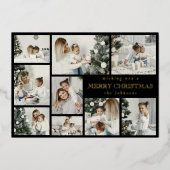 Modern Black Stylish Multi Photo Grid Holiday Card 箔シーズンカード (正面)