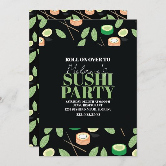 Modern Black Sushi Party Rolls Birthday Name シーズンカード (正面/裏面)