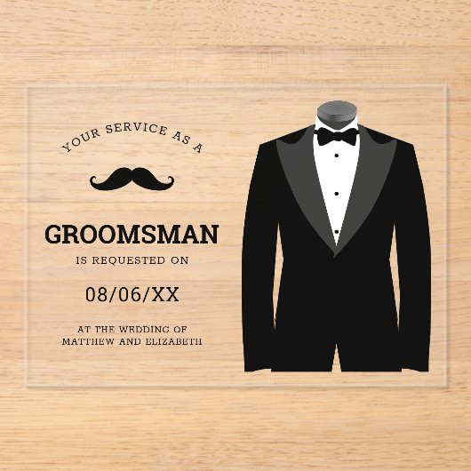 Modern Black Tuxedo Groomsman Request アクリル招待状 (正面)