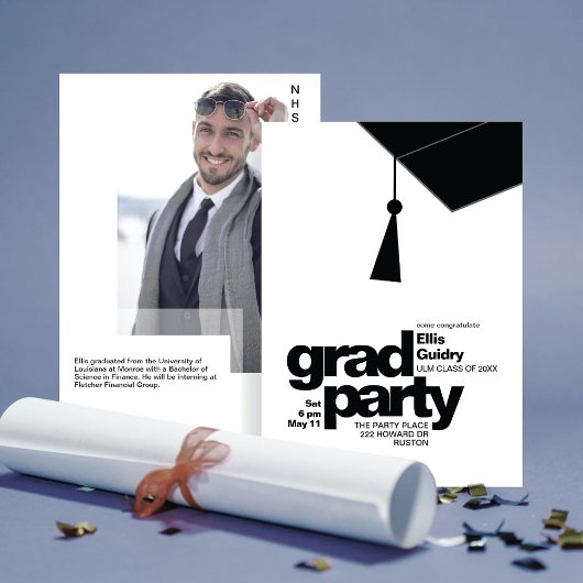 Modern Black Typography & Tassel Grad Party Photo 招待状
