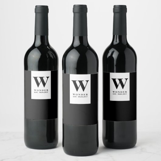 Modern Black Wedding Monogram | Minimalist ワインラベル (ボトル)