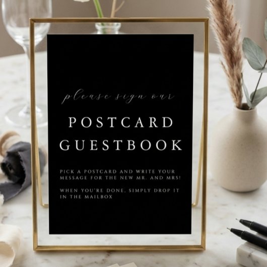 Modern Black Wedding Postcard Guestbook Sign カード