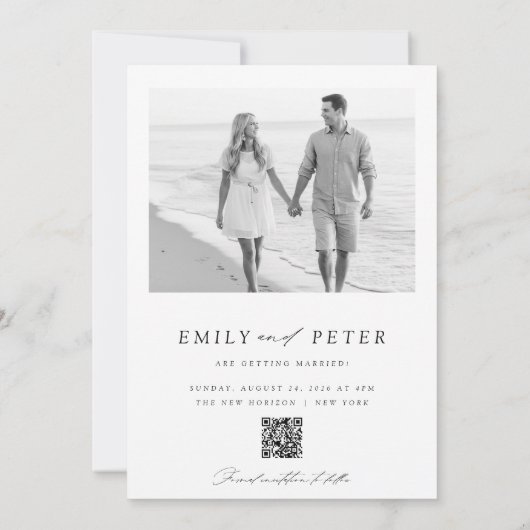 Modern Black & White 2 Photo QR Code Save The Date 招待状 (裏面)