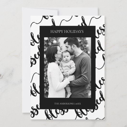 Modern Black & White “Blessed” Script Photo シーズンカード (正面)