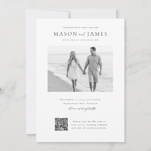 Modern Black & White Boho QR Code Photo Wedding 招待状 (裏面)