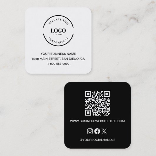 Modern Black White Business Branding QR code スクエア名刺 (正面/裏面)