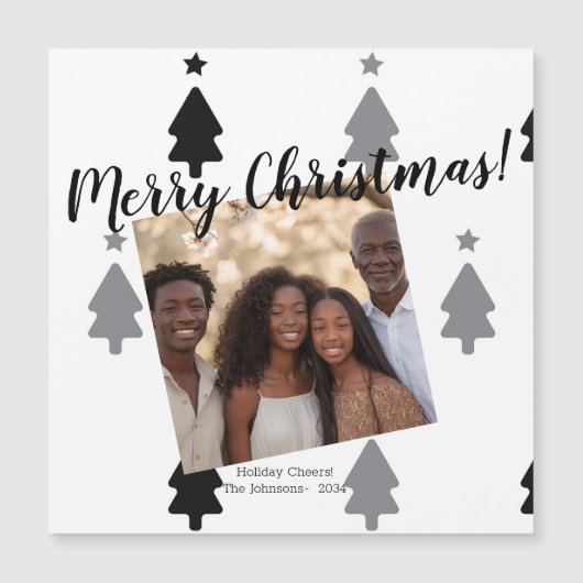 Modern Black White Family Photo Christmas Magnet (正面)