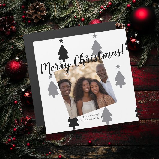 Modern Black White Family Photo Christmas Magnet