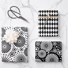 Modern Black White Geometric Starburst Harlequin ラッピングペーパーシート
