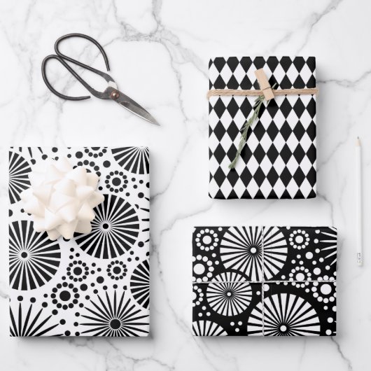 Modern Black White Geometric Starburst Harlequin ラッピングペーパーシート (正面)