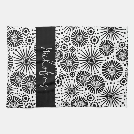 Modern black white geometric starburst Name  キッチンタオル (横)