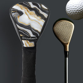 Modern Black White Gold Marble Personalized ゴルフヘッドカバー