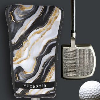 Modern Black White Gold Marble Personalized ゴルフヘッドカバー