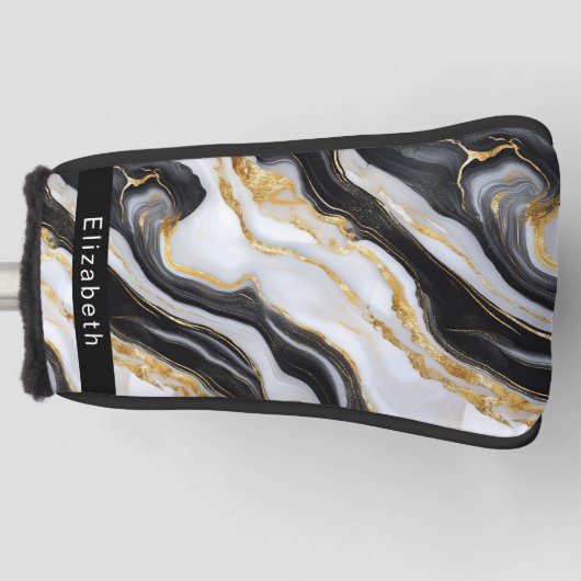 Modern Black White Gold Marble Personalized ゴルフヘッドカバー (正面)