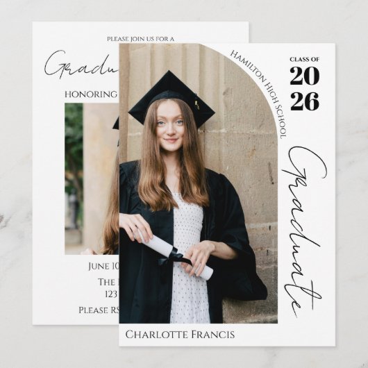 Modern Black & White Graduation Announcement/Party 招待状 (正面/裏面)