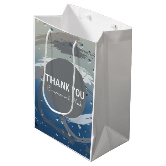 Modern Black, White & Gray Brushstroke Thankyou ミディアムペーパーバッグ (正面アングル)