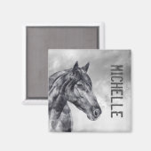 Modern Black White Horse Name Watercolor Magnet マグネット (正面/裏面)