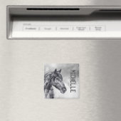 Modern Black White Horse Name Watercolor Magnet マグネット (インサイチュ (食洗機))