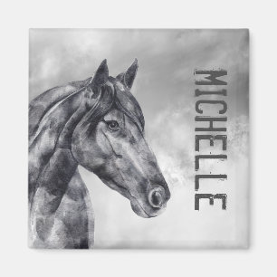 Modern Black White Horse Name Watercolor Magnet マグネット