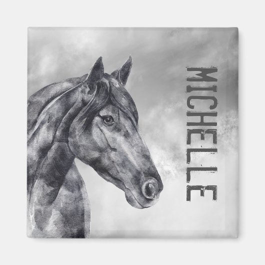 Modern Black White Horse Name Watercolor Magnet マグネット (正面)