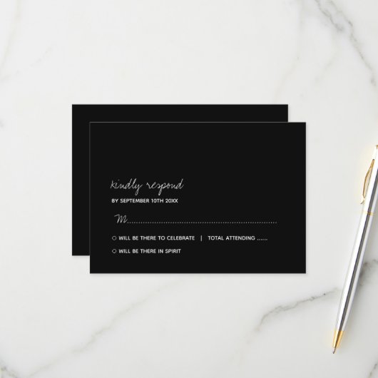 Modern Black & White Minimalist Script Wedding 出欠カード (正面/裏面インサイチュ)