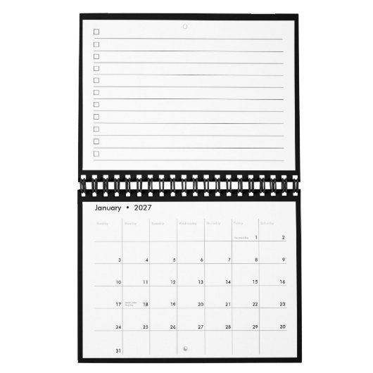 Modern Black White Monogram Name To Do List カレンダー (1月 2027)