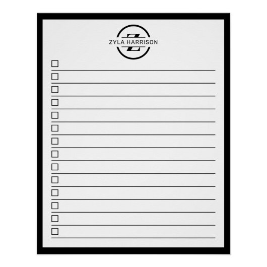 Modern Black White Monogram Name To Do List ポスター (正面)