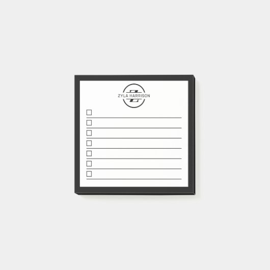 Modern Black White Monogram Name To Do List ポストイット (正面)